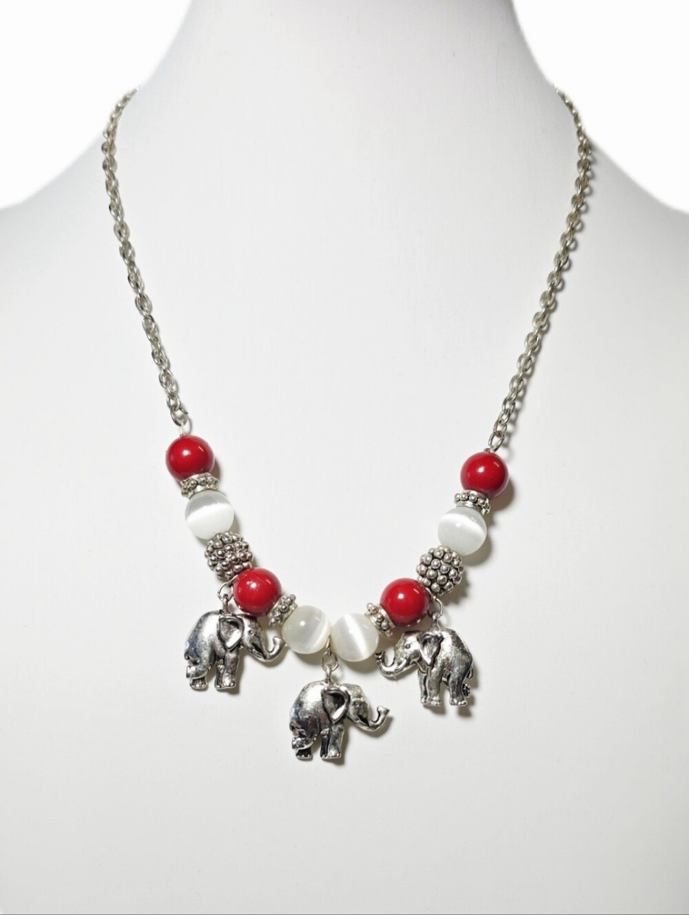 Elephant Charm Silver-Tone Necklace with Red and White Beads